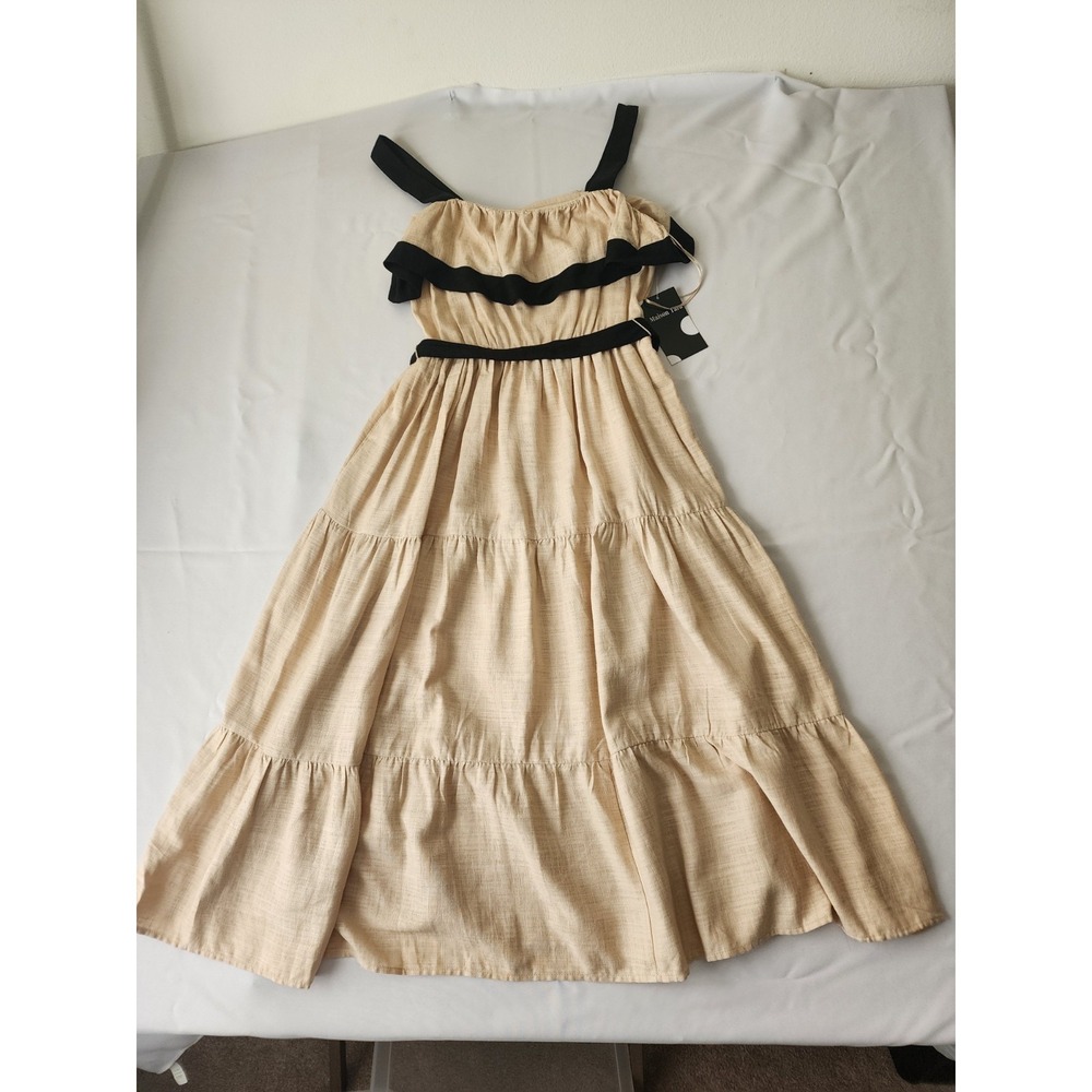 Maison Tara Womens Size 4 Beige Black Linen Blend Midi Dress‎ Pockets NWT
